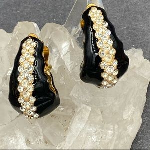 Vintage Ciner Black Enamel Rhinestone Earrings